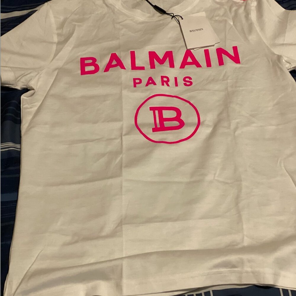 Balmain Paris Essential White Cotton Flocked Logo Button Detail Tee Shirt Small